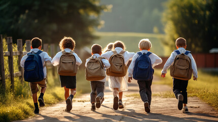 A group of energetic elementary school kids leaving school or went to school. School kids with backpacks running to school. Back to school. Created with Generative AI technology.