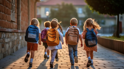 A group of energetic elementary school kids leaving school or went to school. School kids with backpacks running to school. Back to school. Created with Generative AI technology.