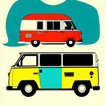 Illustration, graphic or vector of a camper van on the road.