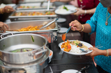 buffet food, catering food party at restaurant, mini canapes, snacks and appetizers