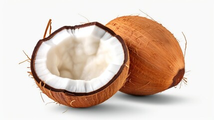 A whole coconut and a half coconut cut in half