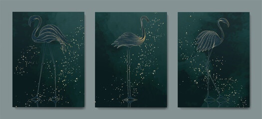 Dark green art background with hand drawn flamingo birds in gold line art style. Animal set with watercolor texture for decoration, print, poster, interior, textile © VectorART