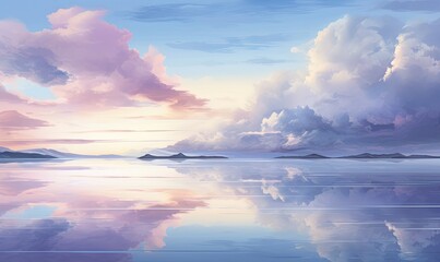 Dreamy pastel cloud landscape reflection in a shimmering pool. Heaven at dawn. Abstract soft color background.