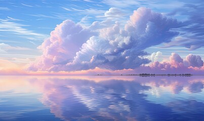 Dreamy pastel cloud landscape reflection in a shimmering pool. Heaven at dawn. Abstract soft color background. - obrazy, fototapety, plakaty