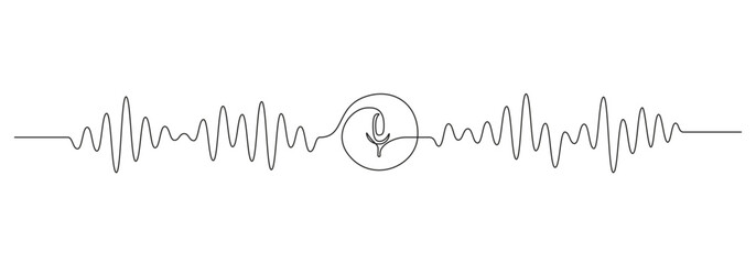 One continuous line drawing of music player soundbar with microphone button. Record audio podcast and sound wave voice message in simple linear style. Editable stroke. Doodle vector illustration