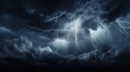 Dramatic thunderous stormy sky. Lightning strikes in cinematic landscape background. Electrical surge and wind.