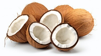 A pile of fresh coconuts with one coconut cut in half - obrazy, fototapety, plakaty