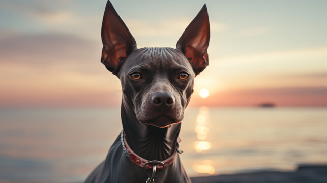 Peruvian Hairless Dog, Standing, Full Body, A Light Blue Polo Shirt, With A Smile, Taking A Selfie With The Sea In The Background, At Sunset, Highly Detailed, Concept Art, Dramatic Lighting, Smooth, 