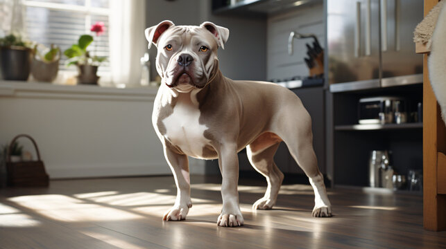 American Bully dog, pure bred, real picture, 8k, raytracing, sitting on the ground , kitchen white drawers and white cabinets, black desk on the right, wood floors, granite countertops, --ar 16:9