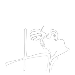 Upper half of a middle-aged man was crouching on the back of his hand at the window isolated vector illustration in single line drawing style.Alone one stress Adult in depression and be absent-mine.