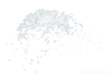 Fototapeta premium Salt flying explosion, crystal white grain salts explode abstract cloud fly. Beautiful complete seed salt splash in air, food object design. Selective focus freeze shot black background isolated