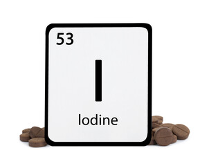 Card with iodine element and pills isolated on white