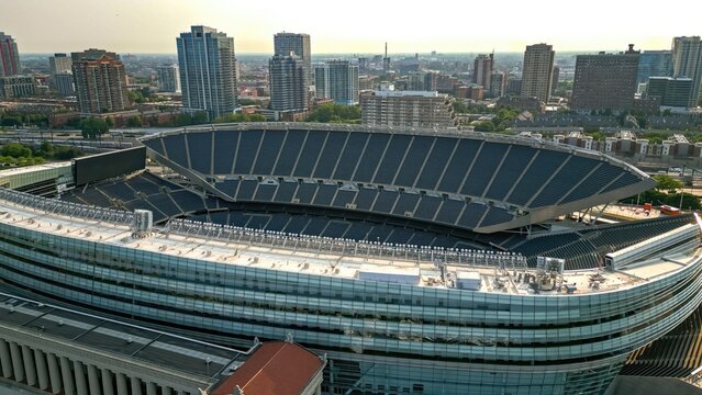 Soldier Field Stadium in Chicago - aerial drone photography - CHICAGO, ILLINOIS - JUNE 06, 2023