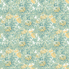 Fototapeta na wymiar Seamless floral pattern, vintage botanical print with hand drawn plants. Elegant repeat design, drawing with yellow flowers, blue leaves. Botanical illustration with a garden.
