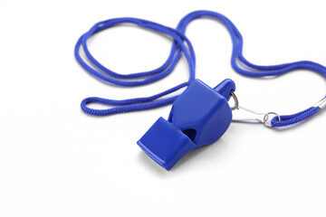 One blue whistle with cord on white background