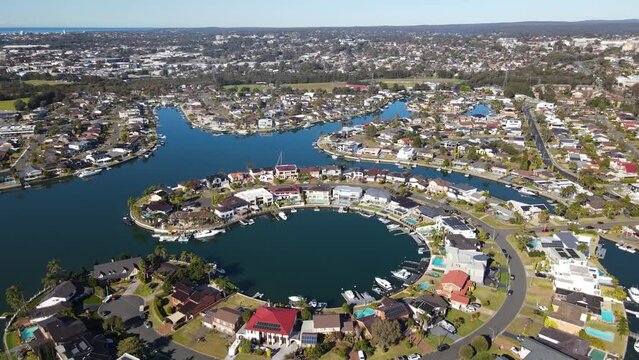Aerial drone view of Sylvania Waters in the Sutherland Shire, Sydney, NSW Australia on a sunny day in June 2023 