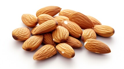 A heap of almonds on a plain white background