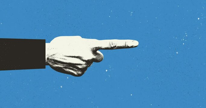 Hand points finger gesture on grunge background. Motion design fun animation. Art collage, magazine style. 