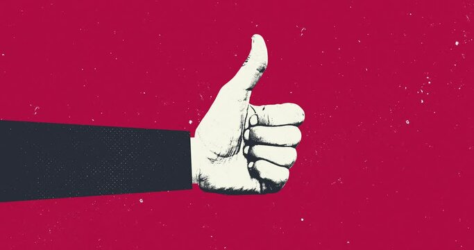 Hand showing thumb up gesture on grunge background. Motion design fun animation. Art collage, magazine style. 