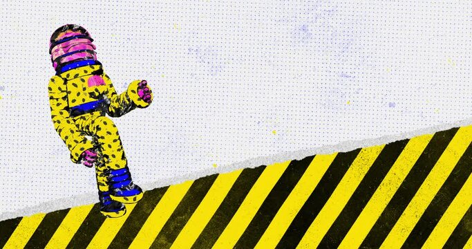 Motion design fun animation. Art collage, magazine style. Suitable for use in vj and misic videos. Crazy robot walks aggressively and dynamically.