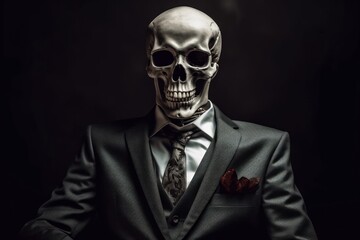 Skull with a skeleton in a business suit. AI generated, human enhanced