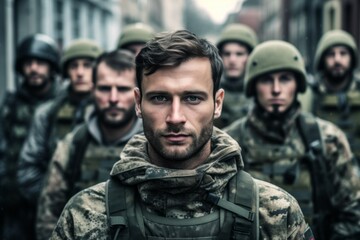 Portrait of a European army soldier in the ranks with selective focus. AI generated, human enhanced
