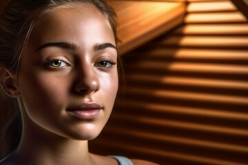 Woman in the sauna. Portrait with selective focus. AI generated, human enhanced