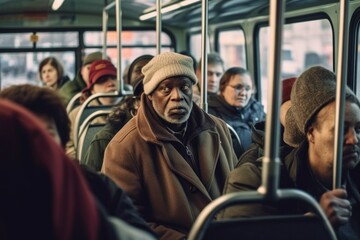 People in public transport. Background with selective focus. AI generated, human enhanced