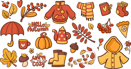 Fototapeta premium Autumn warm and cozy stickers collection. Autumn objects.