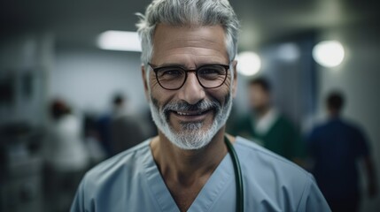 Portrait of male doctor in the hospital lobby. Created with Generative AI technology.