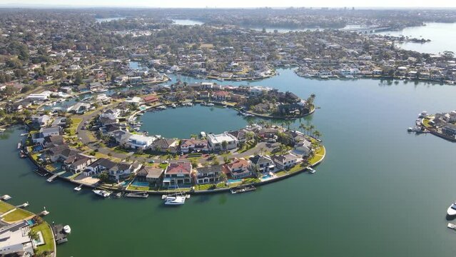 Aerial drone view of Sylvania Waters in the Sutherland Shire, Sydney, NSW Australia on a sunny day in June 2023 