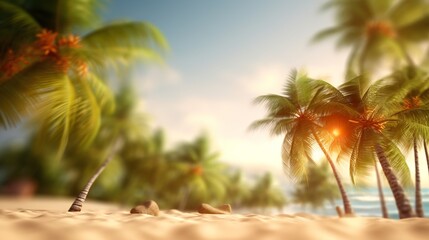 Naklejka na ściany i meble A serene tropical beach with palm trees and a bright sun in the sky