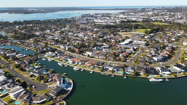 Aerial drone view of Sylvania Waters in the Sutherland Shire, Sydney, NSW Australia on a sunny day in June 2023 