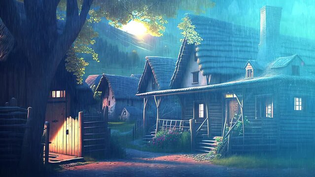 The rain fell on the peaceful village in the morning