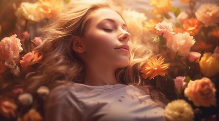 Beautiful blonde girl closed eyes lying on flowers