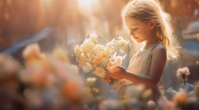 Very beautiful little girl holding flowers, AI generated
