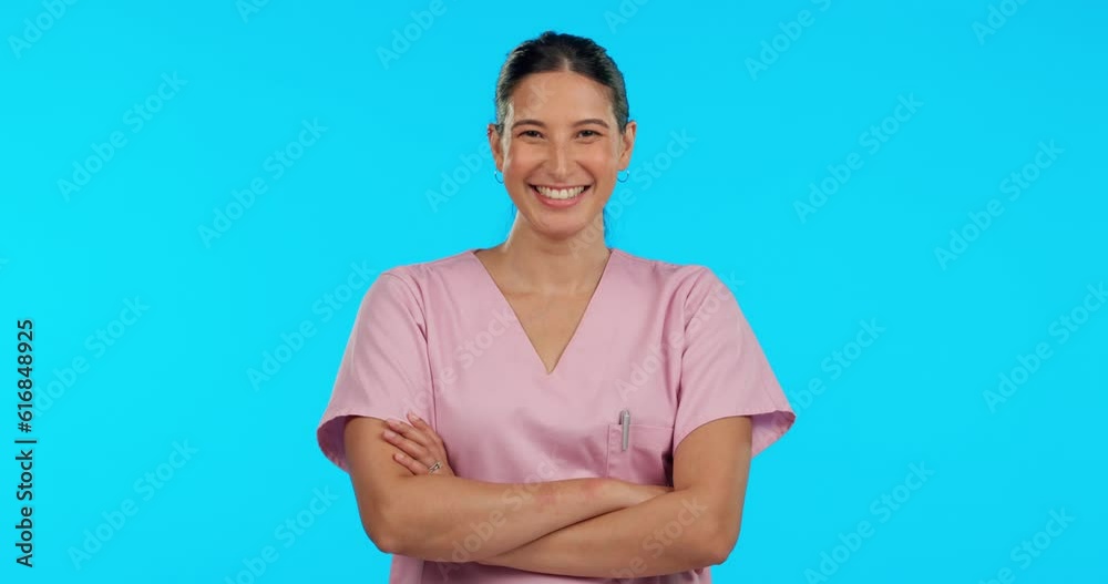 Poster Face, nurse and woman with arms crossed, funny and happy lady on a blue studio background. Portrait, female person or medical professional with joy, humor or joke with a smile, healthcare or laughing