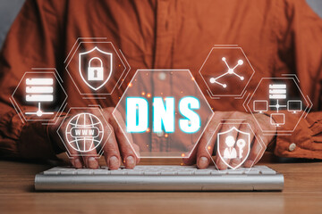 DNS, Domain name System server concept, Person hand typing on keyboard with domain name system...