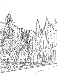 Fototapeta premium Mono line illustration of Bridalveil Fall in the Yosemite Valley within Yosemite National Park, United States of America USA done in monoline line art in black and white style.