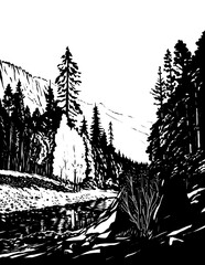 Comics style drawing illustration of Merced River in the Yosemite Valley in Yosemite National Park, USA done in black and white retro style.