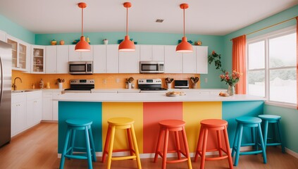 An Image Of A Picturesque Kitchen With Colorful Stools And A Large Island AI Generative