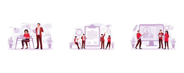 Young boss talking about the project with the employee. Young business people gather and celebrate successful business agreements. Business creative team discussing rising chart. Trend Modern vector f