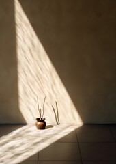 A vase of flowers in a beam of light in front of the wall.