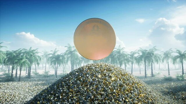 Bitcoin and mountain, heap of money. Business and crypto concept. Realistic 4k animation.