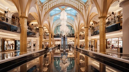 A spacious, luxurious mall interior with elegant stores, high ceilings, and visually appealing design elements. Generative AI.