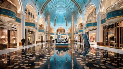 A spacious, luxurious mall interior with elegant stores, high ceilings, and visually appealing design elements. Generative AI.