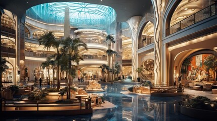 A spacious, luxurious mall interior with elegant stores, high ceilings, and visually appealing design elements. Generative AI.