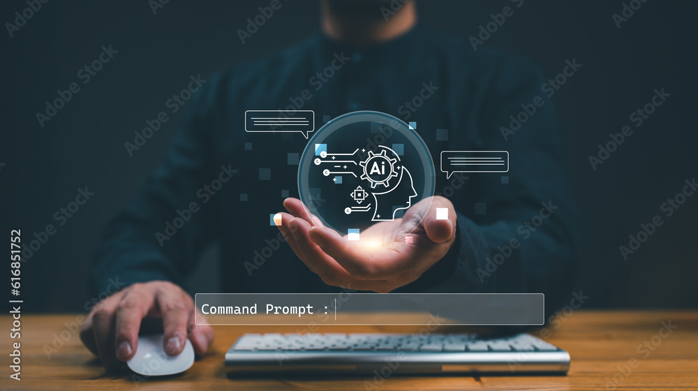 Fototapete AI, Artificial Intelligence. Man show ideas technology smart robot AI, enter command prompt for generates something, Futuristic technology transformation, Assistant and Secretary, Chatbot, Ai chat.