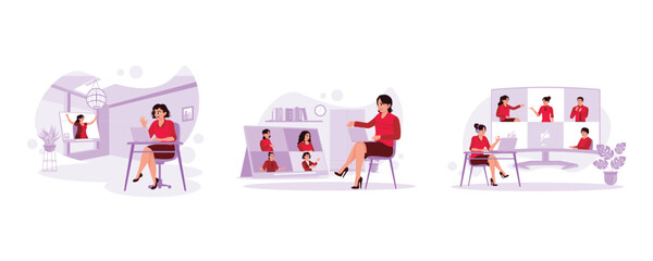 Female students look interested in studying through video calls. Businesswoman virtual meeting with colleagues. Female students hold meetings through Zoom meetings. Trend Modern vector flat illustrati