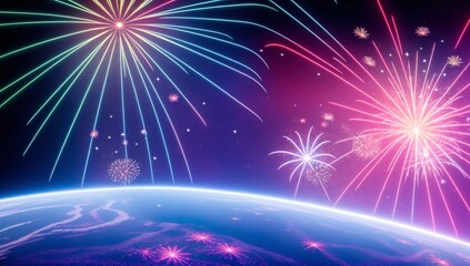 Naklejka premium A Scene Of An Evocative View Of The Earth With Fireworks AI Generative